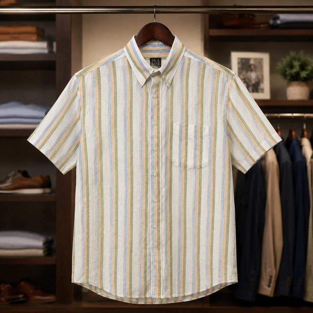 Jos. A. Bank Button Down Shirt Mens L Multicolor Striped 100% Linen Short Sleeve